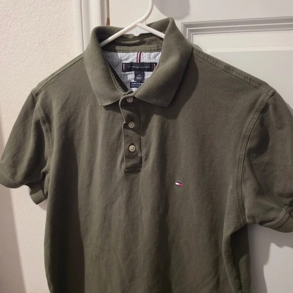 Tommy Hilfiger Mens Slim Fit Stretch Polo Shirt Olive Green Large Short Sleeve